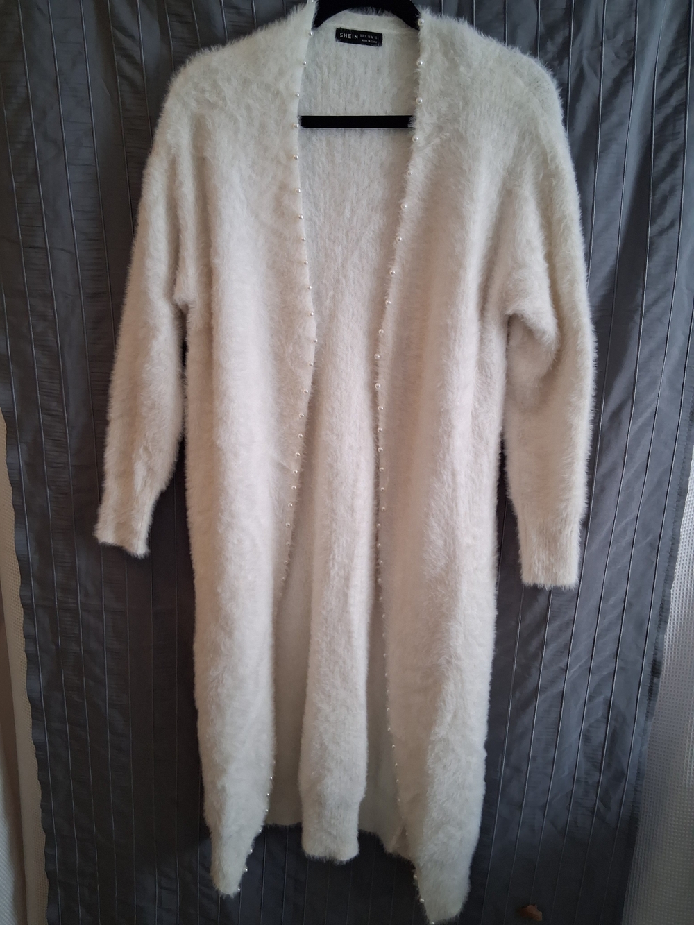 Shein Cream Faux-Fur Long Open Cardigan with Pearl Trim